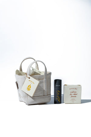 White Tote Bag w/ Bar Soap & Lip Balm